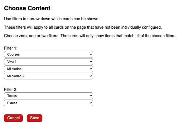 Choose content view with two sets of drop-downs for filtering the content shown on the cards.